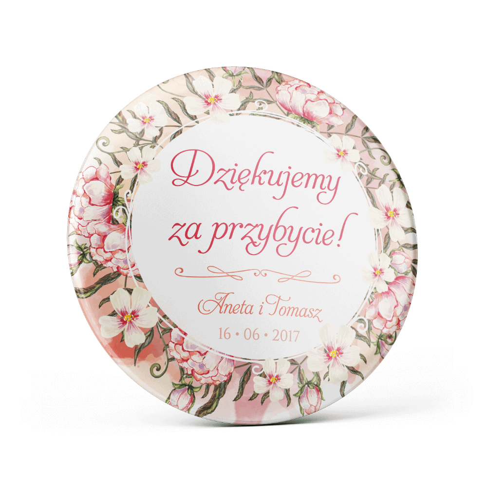 Metalowa przypinka oznaczenie podziękowanie dla gości z agrafką modny wzór kwiatowy