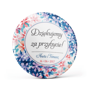 Metalowa przypinka oznaczenie podziękowanie dla gości z agrafką modny wzór kwiatowy