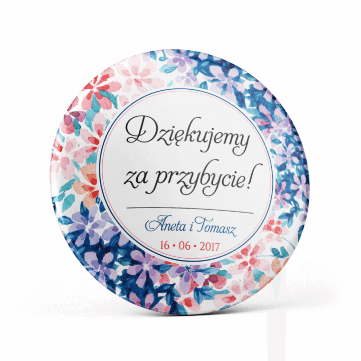 Metalowa przypinka oznaczenie podziękowanie dla gości z agrafką modny wzór kwiatowy