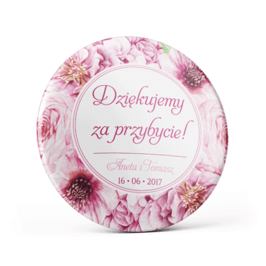 Metalowa przypinka oznaczenie podziękowanie dla gości z agrafką modny wzór kwiatowy