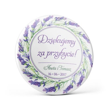 Metalowa przypinka oznaczenie podziękowanie dla gości z agrafką modny wzór kwiatowy lawenda
