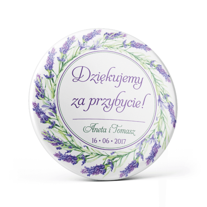 Metalowa przypinka oznaczenie podziękowanie dla gości z agrafką modny wzór kwiatowy lawenda