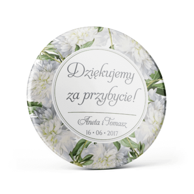 Metalowa przypinka oznaczenie podziękowanie dla gości z agrafką modny wzór kwiatowy białe piwonie