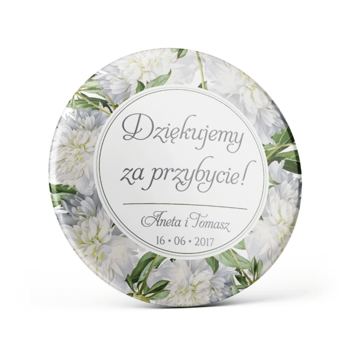 Metalowa przypinka oznaczenie podziękowanie dla gości z agrafką modny wzór kwiatowy białe piwonie