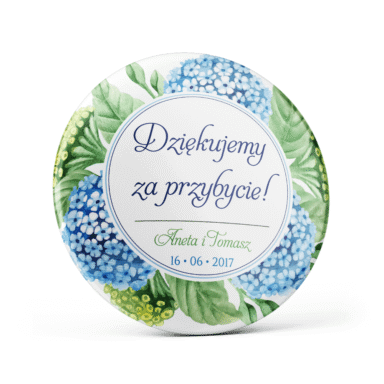 Metalowa przypinka oznaczenie podziękowanie dla gości z agrafką modny wzór kwiatowy hortensja