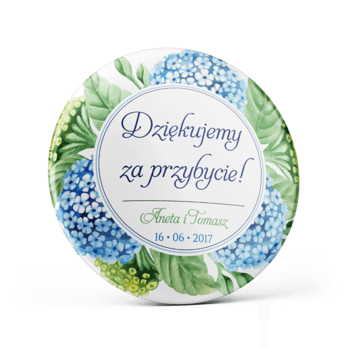 Metalowa przypinka oznaczenie podziękowanie dla gości z agrafką modny wzór kwiatowy hortensja