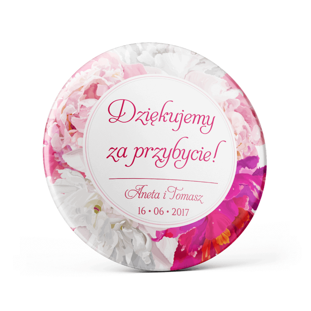 Metalowa przypinka oznaczenie podziękowanie dla gości z agrafką modny wzór kwiatowy różowe piwonie