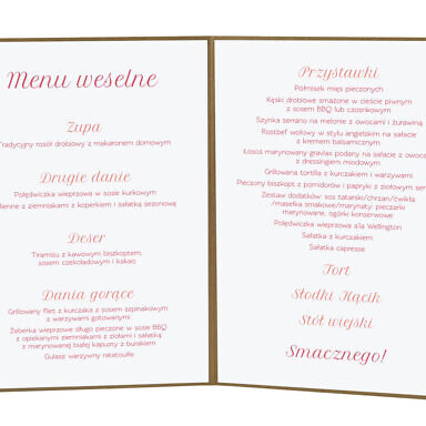 Menu weselne spis dań na stół kwiaty