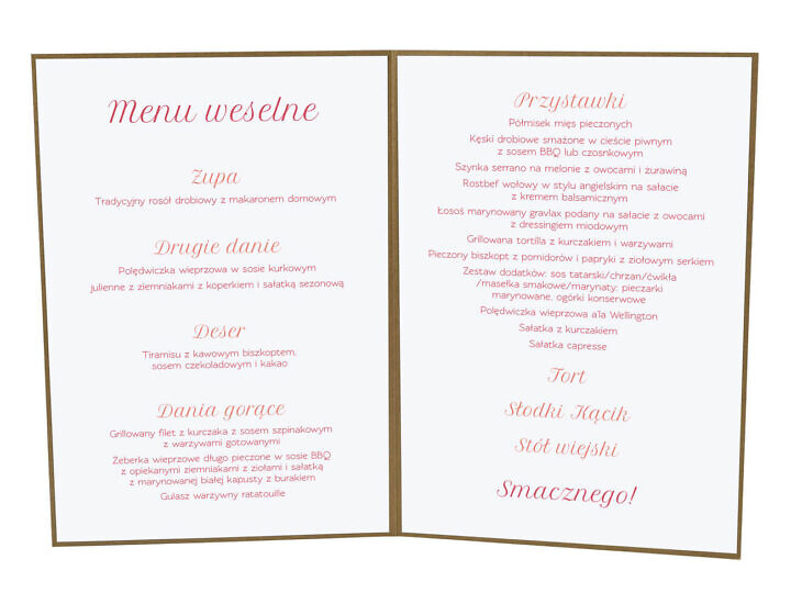 Menu weselne spis dań na stół kwiaty