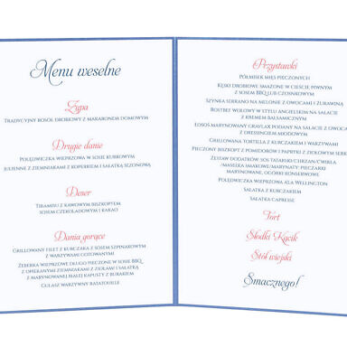 Menu weselne spis dań na stół kwiaty