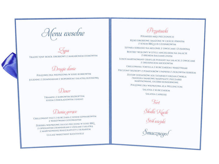 Menu weselne spis dań na stół kwiaty