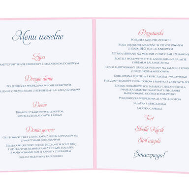 Menu weselne spis dań na stół kwiaty