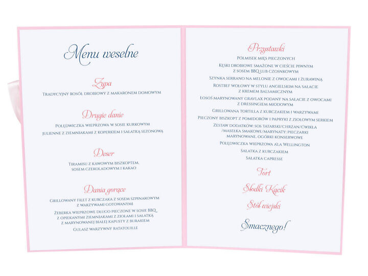 Menu weselne spis dań na stół kwiaty