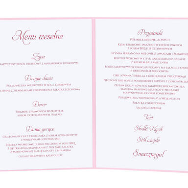 Menu weselne spis dań na stół kwiaty