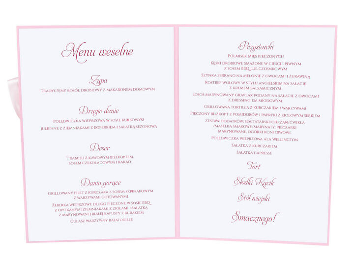 Menu weselne spis dań na stół kwiaty
