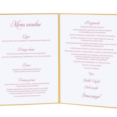 Menu weselne spis dań na stół kwiaty