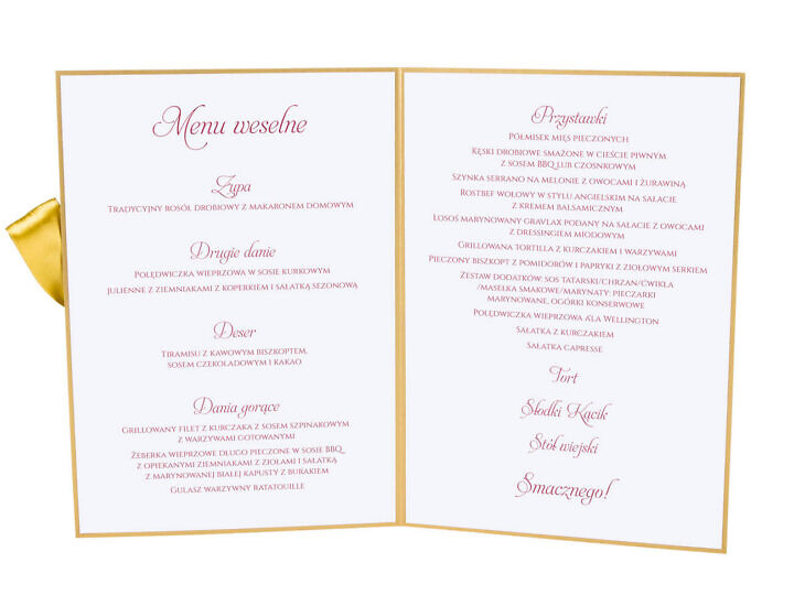 Menu weselne spis dań na stół kwiaty