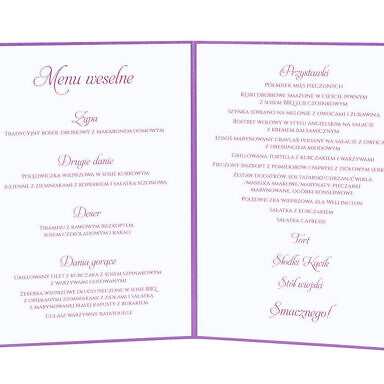 Menu weselne spis dań na stół kwiaty