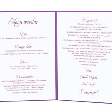 Menu weselne spis dań na stół kwiaty