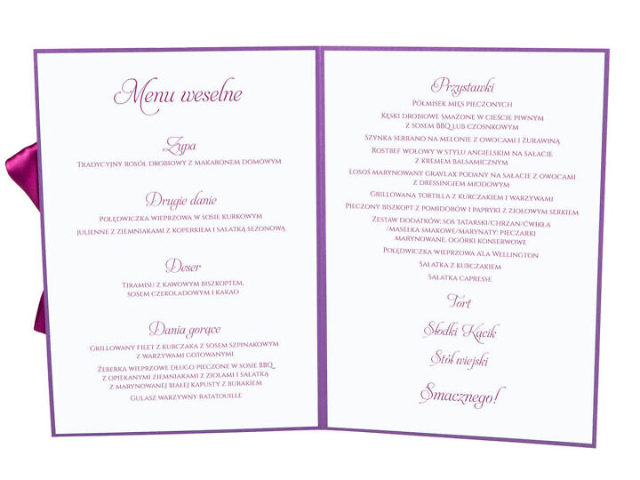 Menu weselne spis dań na stół kwiaty