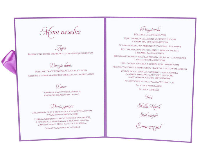 Menu weselne spis dań na stół kwiaty
