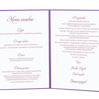 Menu weselne spis dań na stół kwiaty