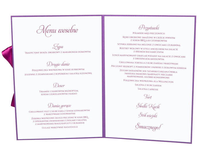 Menu weselne spis dań na stół kwiaty