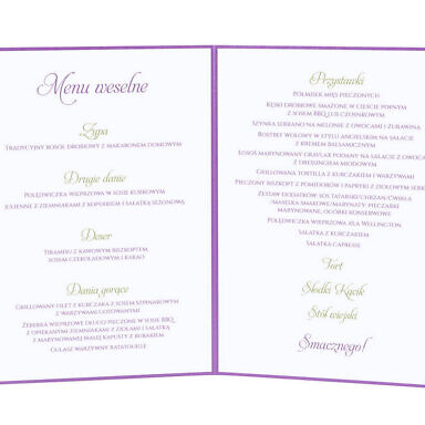 Menu weselne spis dań na stół kwiaty