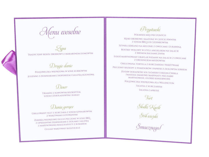 Menu weselne spis dań na stół kwiaty