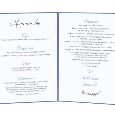 Menu weselne spis dań na stół kwiaty