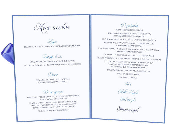 Menu weselne spis dań na stół kwiaty