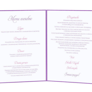 Menu weselne spis dań na stół kwiaty
