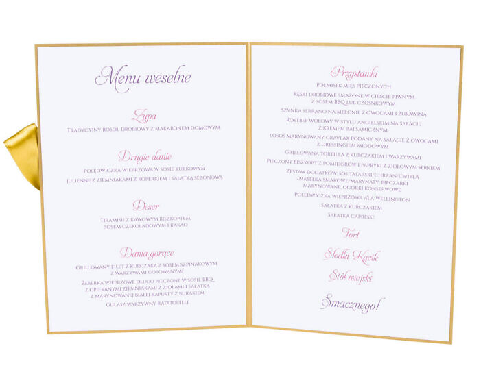 Menu weselne spis dań na stół kwiaty