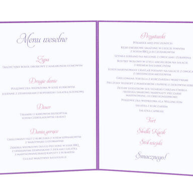Menu weselne spis dań na stół kwiaty