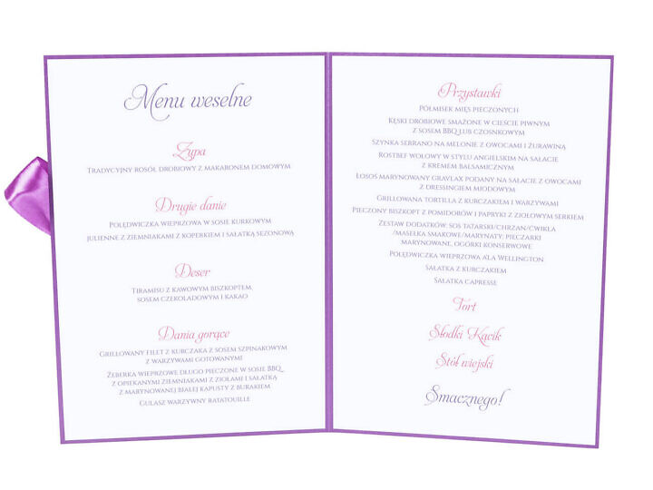 Menu weselne spis dań na stół kwiaty