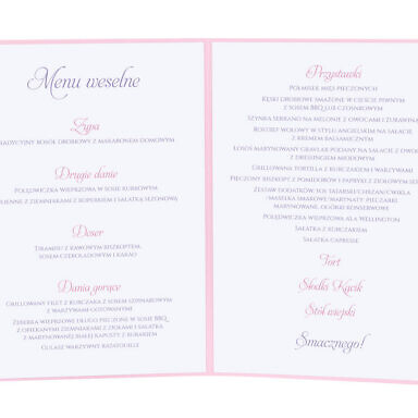 Menu weselne spis dań na stół kwiaty