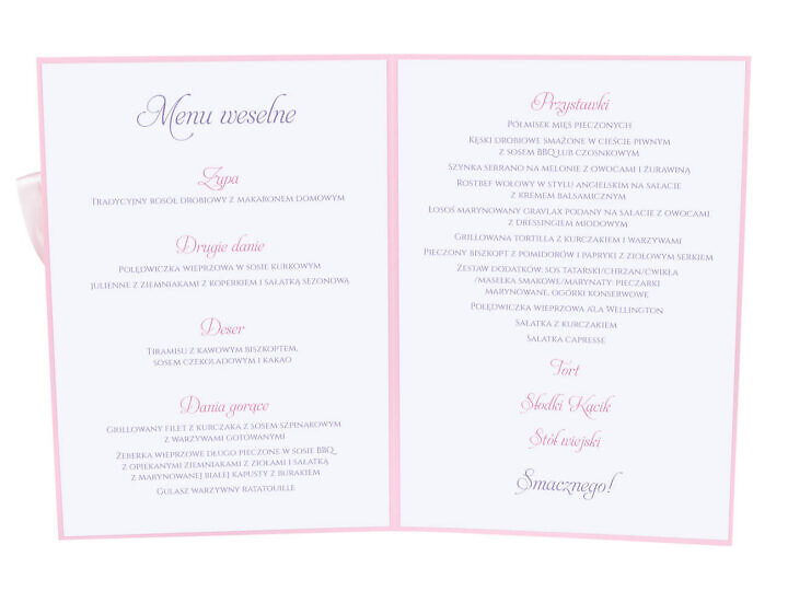 Menu weselne spis dań na stół kwiaty