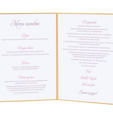 Menu weselne spis dań na stół kwiaty
