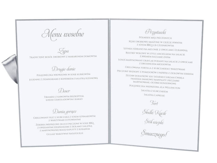 Menu weselne spis dań na stół kwiaty