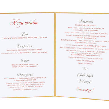 Menu weselne spis dań na stół
