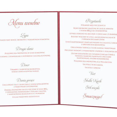 Menu weselne spis dań na stół