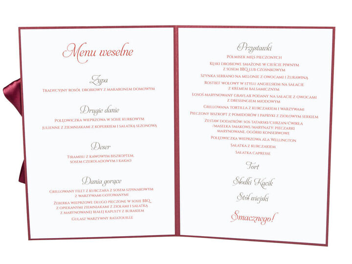 Menu weselne spis dań na stół