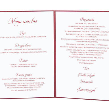 Menu weselne spis dań na stół kwiaty