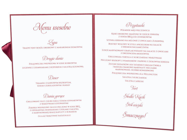 Menu weselne spis dań na stół kwiaty