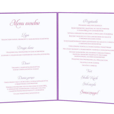 Menu weselne spis dań na stół kwiaty