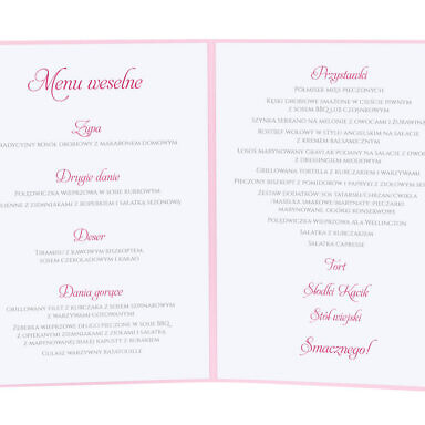 Menu weselne spis dań na stół