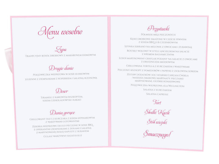 Menu weselne spis dań na stół
