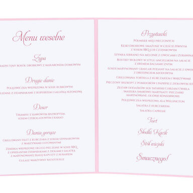 Menu weselne spis dań na stół kwiaty