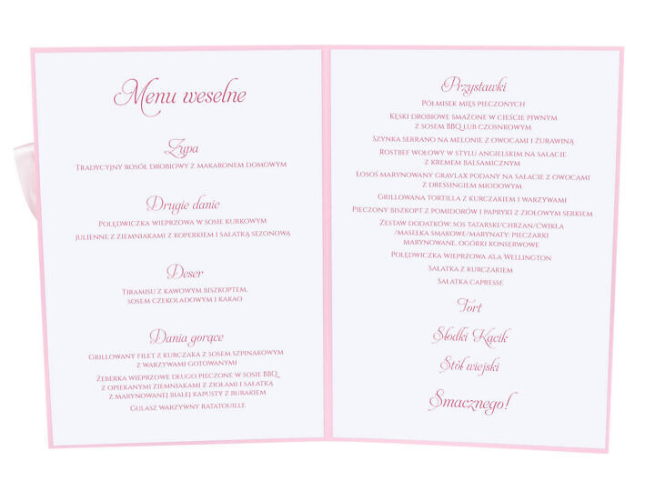 Menu weselne spis dań na stół kwiaty
