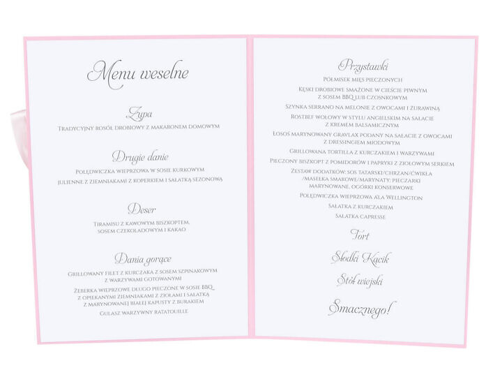 Menu weselne spis dań na stół kwiaty